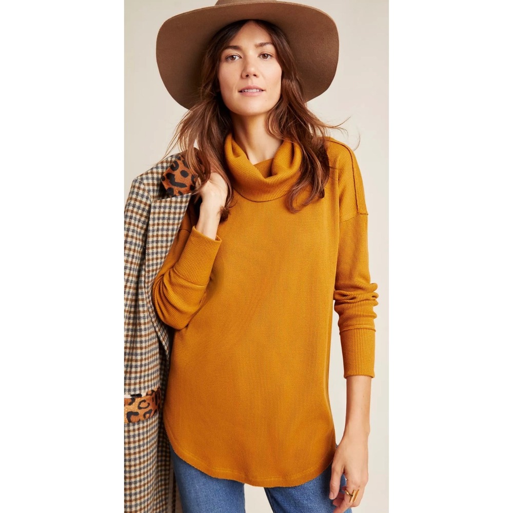 Maeve Anthropologie Mustard Yellow Waffle Knit Cowl Neck Tunic Top Small